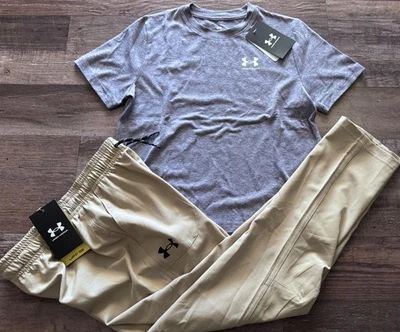 NWT Under Armour Boys YLG Tan/Lt Purple Stretch Tech Woven Pants Set Large - Image 1 of 3