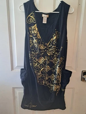 Vintage  Baby Phat Black Shirt Dress. Gold Embellished w/pockets 2X - Image 1 of 4