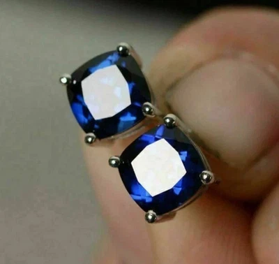 2CT Cushion Cut Lab Created Blue Sapphire Stud Earrings 14K White Gold Finish - Image 1 of 3