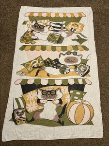 Vintage Royal Terry Beach Towel Colorful Cats Green Pink White Pattern - Picture 1 of 12