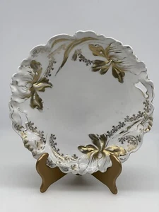 RS Germany Antique Gold Gilded Hand Painted Iris On White Cake Plate 10 1/4” - Picture 1 of 8