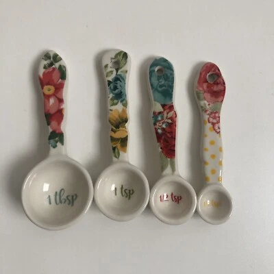Pioneer Woman Vintage Floral Ceramic Measuring Spoons 4 Piece White Utensils - Image 1 of 4