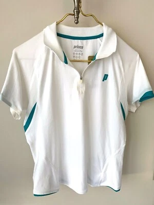 NUEVO CON ETIQUETAS Prince Mujer Tenis Mediano Aerotech Polo Camisa Blanco Verde Borde EHIT  Foto 1 de 4