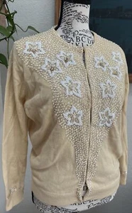 Sheila’s Angora Lambswool Yellow vintage beaded cardigan 1950s Stars PinUp S USA - Picture 1 of 19