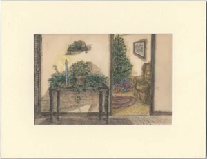 Grabado interior de árbol de Navidad y decoración navideña casa antigua firmado en color - Imagen 1 de 2