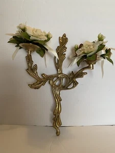 LATÓN ORNAMENTADO Doble Brazo Asimétrico Vela de Pared Aplique Hollywood Regency Flor - Imagen 1 de 12