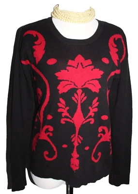 KENSIE Black Red Fleur de Lis Pullover Sz S Sweater Thin Cotton Nylon Long Slve - Image 1 of 4