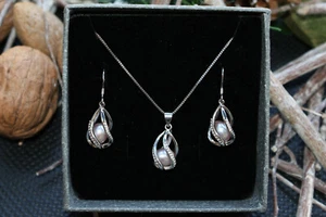 925 Sterling Silver Natural Freshwater Purple Pearl Beads Cage Set UK Seller - Picture 1 of 9
