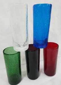 Vtg Crackle Glass Tumblers 5 Highball Drink Glasses Red Blue White Purple Green - Picture 1 of 22
