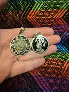 Set Of Two Sterling Silver Aztec Calendar and Medicine man Pendants Mexico - Picture 1 of 5
