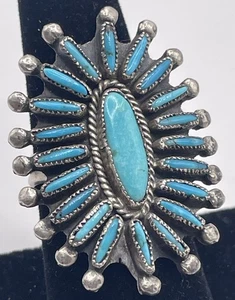 Vintage Zuni 925 Sterling Silver and Turquoise Cluster Pin Point Ring 9.6g Sz 7 - Picture 1 of 8