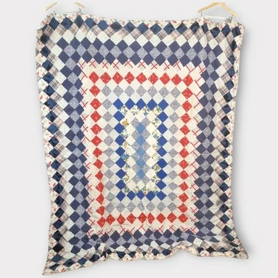 VTG Hand Pieced TRIP AROUND THE WORLD Quilt Cottagecore Blue  Indigo Red 72"x89" - Image 1 of 4