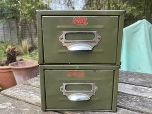 2 VTG Metal Filing Index Card Drawers Retro Industrial 50s 60s Jowett & Son - Picture 1 of 16