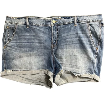 Torrid Jean Shorts 24 Plus Distressed Cutoff High Rise Med Wash Denim Cuffed  - Image 1 of 4