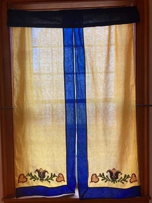 Juego de cortinas de algodón cosidas en cruz vintage 3 piezas arte popular azul y amarillo años 30-40 Foto 1 de 3