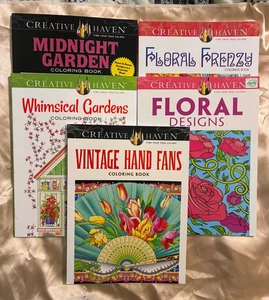 Lot 5 Creative Haven Coloring Books Floral Frenzy Garden Vintage Fans - Picture 1 of 21