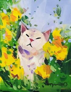 JOSE TRUJILLO Oil Painting IMPRESSIONISM Collectible ORIGINAL Cat Garden nr coa