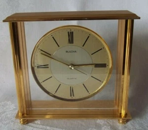 Bulova Brass Desk Mantle Clock  Quartz  8" x 7 1/2" x 2 1/2" - Picture 1 of 10