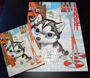 Vintage COMPLETE Gig Husky Puppy Dog Jigsaw Puzzle Big Sad Eyes Winter Ski Snow - Picture 1 of 17