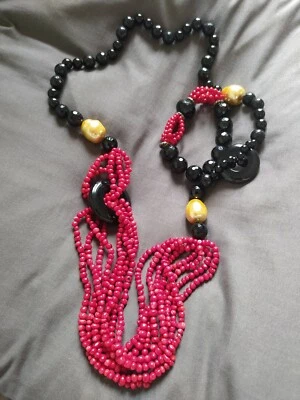 Collana regolabile fili di corallo rosso, dettagli onice e argento con bracciale - Immagine 1 di 4