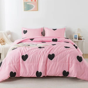 Blush Pink Love Comforter Set Queen Size, Cute Heart Pattern Bedding Comforter f - Picture 1 of 12