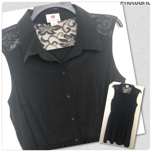 VETEMENTS ONE CLOTHING Donna Juniors Large Camicia Nera Abito Senza Maniche Bottoni Pizzo NUOVA SENZA ETICHETTE