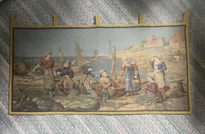 "Antiker Wandteppich gewebtes Wandzelt Rückkehr von Fischerhafenbooten 40x20""" - Bild 1 von 6