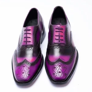 New Handmade Oxford Leather Two Tone Purple Wingtip Brogue Dress Shoes For Men - Picture 1 of 11