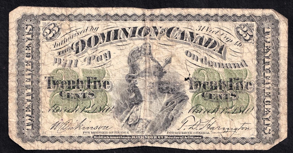 Dominion of Canada 1870 25 Cent Shinplaster Plain Dickinson-Harington Nice Note - Image 1 of 2