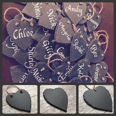 Handmade natural slate heart mini chalkboard name tags wedding favours 8cm - Image 1 of 4