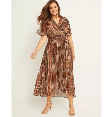Lane Bryant Printed Faux Wrap Maxi Dress 22W Brown Ruffled Flutter Sheer V-neck - Image 1 of 4