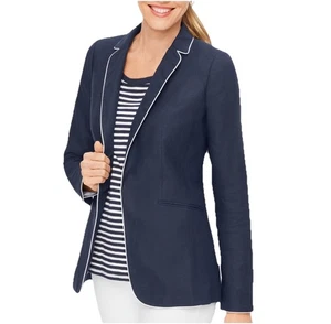 Chaqueta de manga larga TALBOTS azul marino piped 100 % lino talla 14 - Imagen 1 de 11