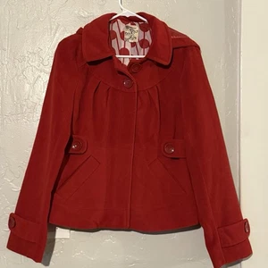Tulle Red Hooded Swing Blazer Jacket Coat A Line Snap Closure Pleated Size Med - Picture 1 of 5
