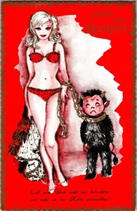 Gruss Vom Krampus Sexy Woman Baby Krampus On Chain Leash Vintage Postcard JO5 - Picture 1 of 2