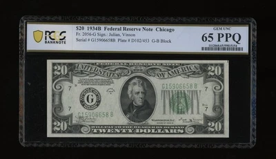 DBR 1934-B $20 FRN Chicago Vinson Gem Fr. 2056-G PCGS-B 65 PPQ Serial G15906658B - Image 1 of 2