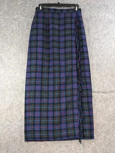 Joan Leslie Skirt Women 8 Blue Red Wool Tartan Plaid Mock Wrap Lined Fringe Edge - Picture 1 of 13