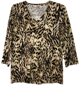 Jones New York Sport 3/4 Sleeve V-Neck Top Black/Tan Animal Print Pullover - Picture 1 of 2