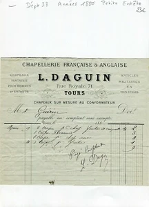 Dépt 37- Tours 71 Rue Royale - Petite Entête d'une Chapellerie vers 1880 - Picture 1 of 1