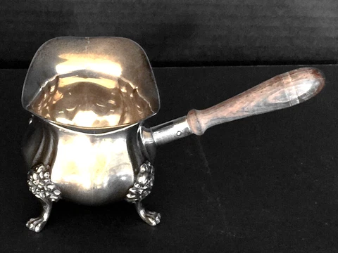 Poole Sterling Silver Pipkin Sauce or Gravy Boat with Wood Handle, Vintage Cover