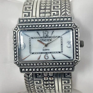 Chico's Watch Women 40mm Silver Tone Hinged Cuff MOP Greek Key New Battery 6.25" - Picture 1 of 13