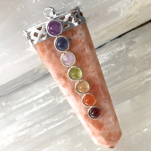 Sunstone 7 Chakra Pendant Crystal Point Silver Necklace Reiki Energy Heal CHARGE - Picture 1 of 8