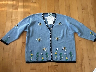 NEW Quacker Factory Wms Cute Bees Scene Blue Cardigan Sweater 3X - Image 1 of 2