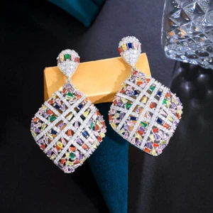 Pendientes de gota rombica grande multicolor plateados multicolor pesado de línea transversal para mujer - Imagen 1 de 11