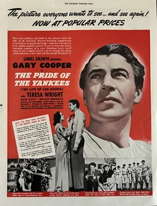 1943 The Pride Of The Yankees Gary Cooper Babe Ruth Movie Lou Gehrig VTG AD - Picture 1 of 1