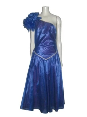 VTG Blue Feather One Shoulder Rhinestone Gather Drop Waist Party Formal Dress 13 - Image 1 of 4