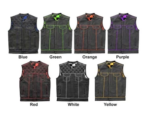 Men's Black Cowhide Leather Motorcycle Vest Checkered Lining Club Biker Vest - Picture 1 of 16