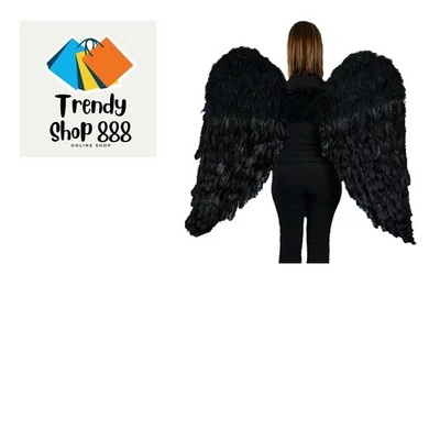 Black Adult Angel Wings - 52" by 36" - Halo Included - Black Feather Wing - C... - Image 1 of 2