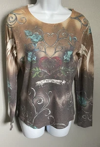 Roper T Shirt Womens Size Small Brown Lightweight Long Sleeve Floral Fitted Top - Picture 1 of 10