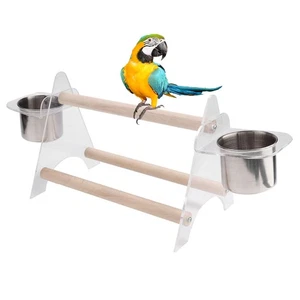 Phefop Chew Toy Triangular Wooden Perch With Feeding Bowls For Small Birds Such - Picture 1 of 7
