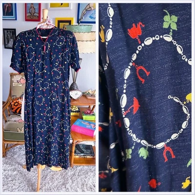 Vintage 1940s Dress I Novelty Charm Print | S M  | 40s l Navy Blue | 30s - Image 1 of 4
